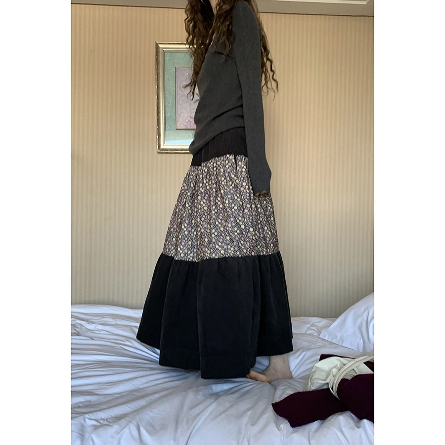 

Юбка миди HelloooEat в стиле ретро из чистого хлопка с цветочным пэчворком, универсальная, с эластичной талией, осенне-зимний дизайн, А-силуэт, для женщин