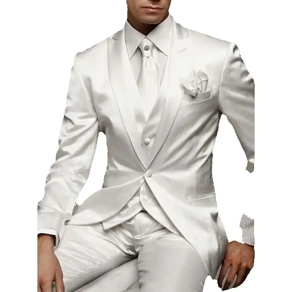 Luxury White Satin Men's Suits 3 Piece Jacket Pants Vest Male Clothing Formal Wedding Party Groom Banquet Business Blazers Sets