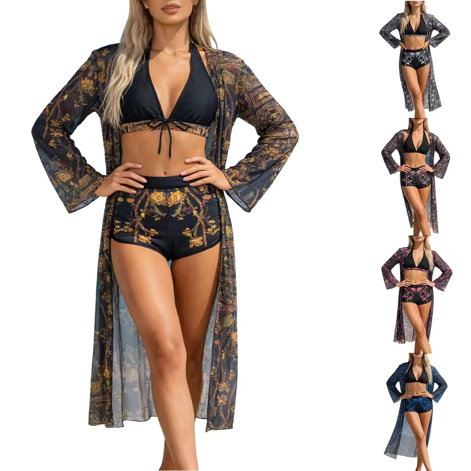 Womens High Waisted Bikini Sets Sporty Three Piece Swimsuits Color Block High Cut Bathing Suits Summer Swimsuit