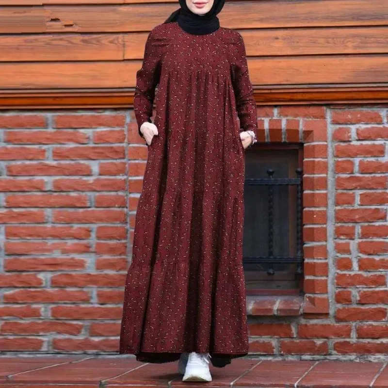 Women Dress Eid Muslim Abayas O Neck Print Dubai Abaya Long Robe Zippers Loose Ramadan Morocco Patchwork Casual Pleated Pockets