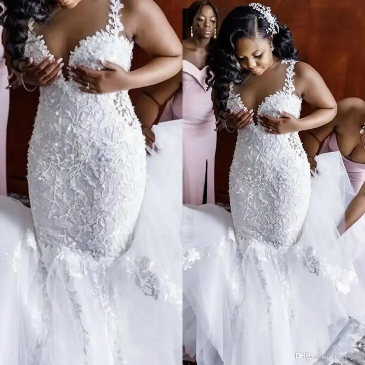 Customized African Floral Lace Mermaid Wedding Dress Plus Size Appliques Spaghetti Straps Sleeveless Bridal Gowns