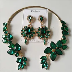 2024 New Fashion Green Crystal Glass Leaf Necklace Earrings Women Jewelry Set Indian Statement Golden Metal Open Choker Necklace