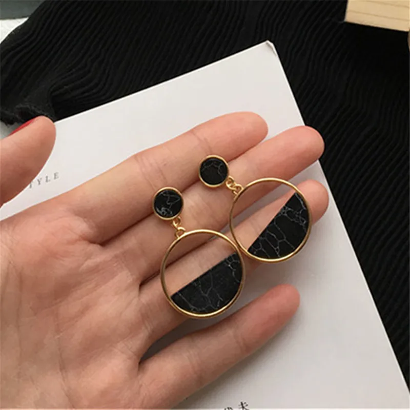 South Korea\'s new fashion simple geometric round marble long earrings girls popular earrings temperament EE88 earrings