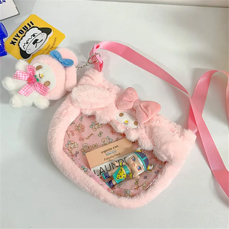 Kawaii Sanrio pluszowe torby Cinnamoroll melodia Kuromi torba Crossbody kreskówka przezroczysta torebka pluszowa Hello Kitty wypchana Backpac