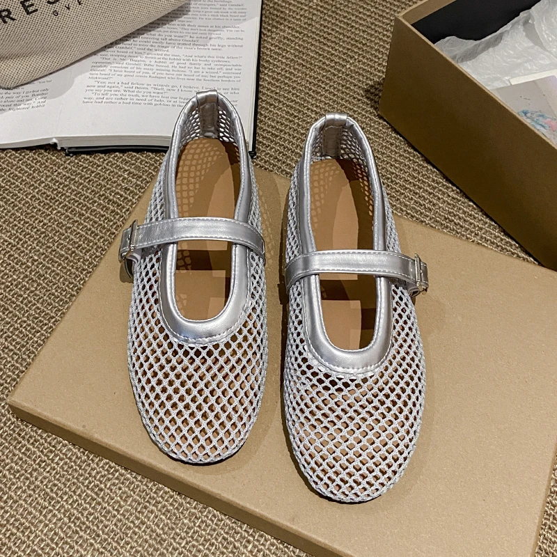 In Summer, Wear Round Toe, Straight Buckles, Casual and Comfortable, Women's Flats, Cut-out Mary Jane Single Shoes,fishnet Shoes
