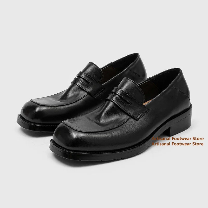 

Square Toe Slip On Loafers Men's Cowhide Black Derby Shoes Thick Soled Leather Casual Shoes Luxury Designer Trendy Men's Shoes