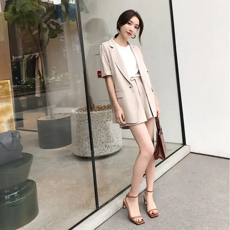 Spring and Autumn Casual Simple Pure Color Commuting Thin Style Temperament Short Sleeve Jacket Shorts Two Piece Set for Women