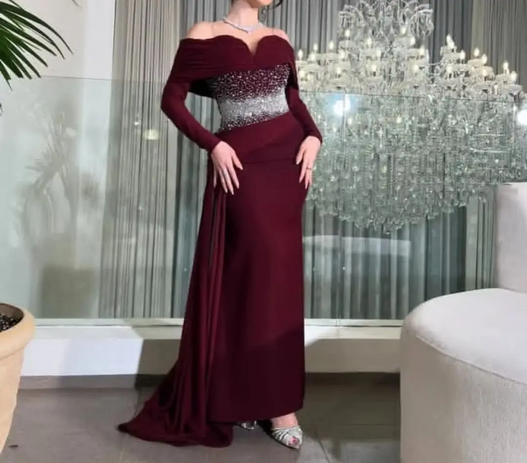 

Customized Elegant Evening dresses 2025 Mermaid Off-the-shoulder Satin Floor length Beads Zipper Prom Formal Dresses