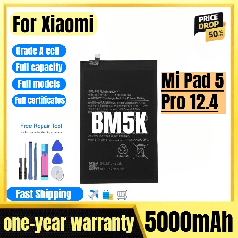 

BM5K for Xiaomi Mi Pad 5 Pro 12.4 Tablet Battery High Quality High Capacity Battery Replacement Bateria Grade A Cell with Tools