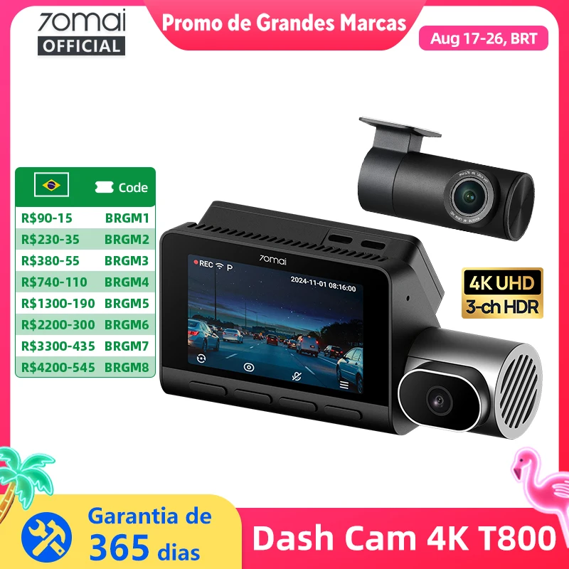 70mai T800 Dashcam 3 Canais 4K com GPS e ADAS