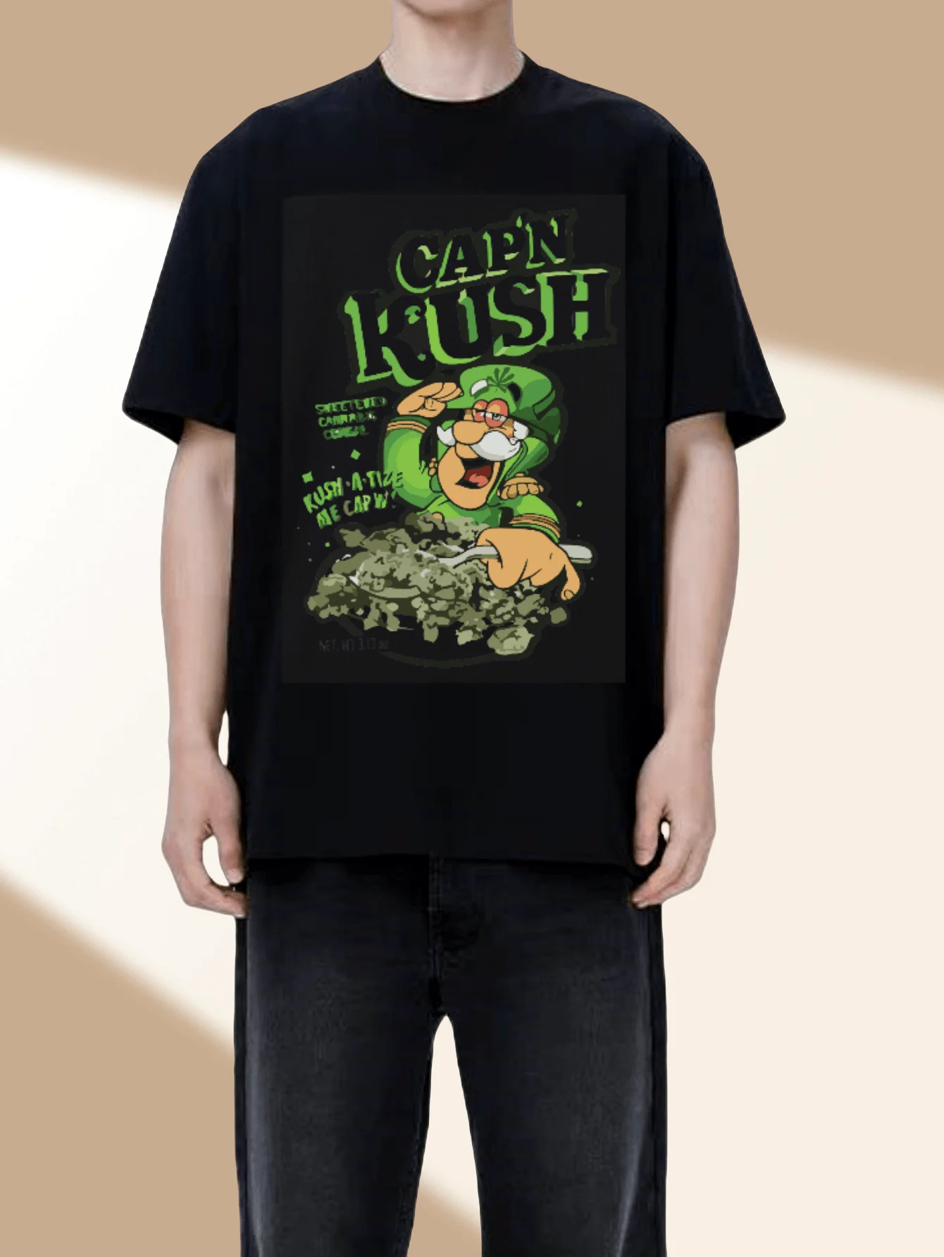 

CAPN RUSH Captain Print Short-Sleeved Shirt, Featuring Green Hat with 'KUSH-A-TIZE ME CAPW' Text, Unique Design Showcases