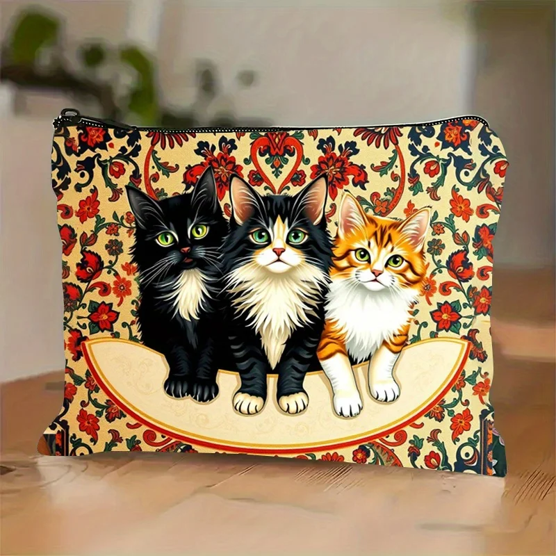 

ACute Black Bohemian Cat Floral Design Makeup Bag- Multifunctional Zipper Pouch, Jewelry Storage Bag, Perfect Travel Zipper Smal