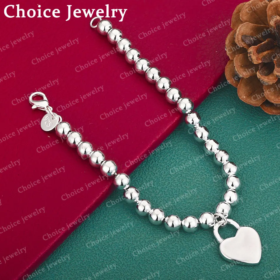 

925 Sterling Silver 6MM Beads Heart Lock Charm Bracelets for Women's Fashion Jewelry Street Versatile Accessories