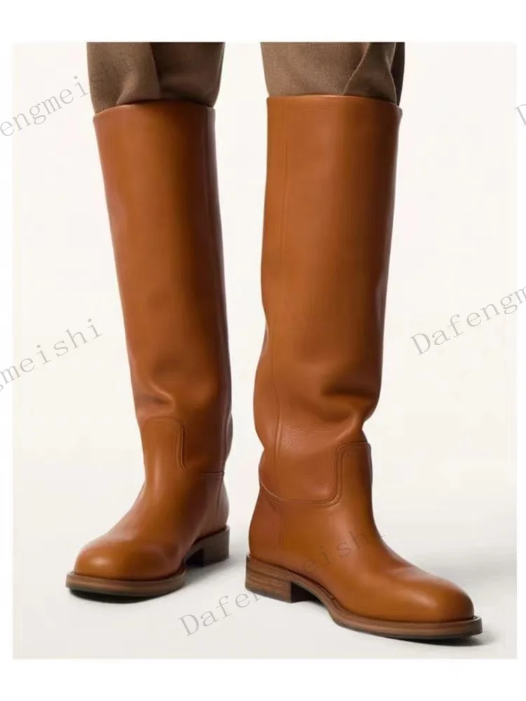 2026 Autumn New Minimalist Elegant Women Brown Knee High Boots Solid Leather Round Toe Low Block Heel Vintage Riding Boots
