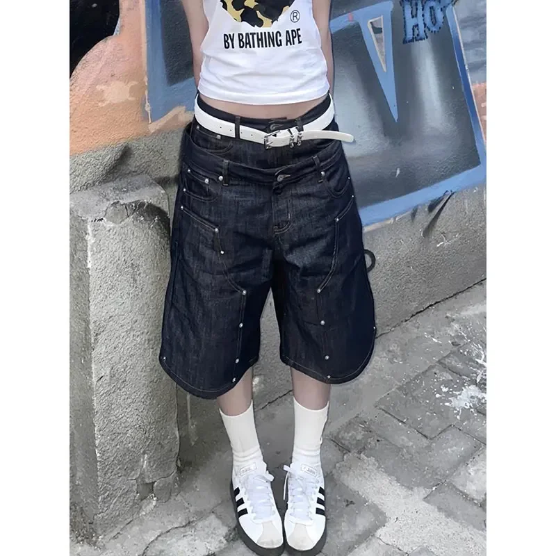 

Женские летние черные джинсовые шорты в американском стиле ретро Y2K, винтажные повседневные брюки-карго с высокой талией, женские свободные капри, джинсы до икры