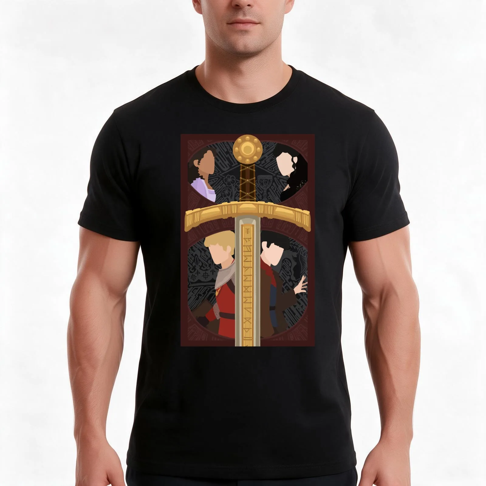 merlin, arthur, morgana, and gwen T-Shirt, Summer Casual Cotton Tee, Oversized Streetwear Tops, Vintage Graphic Print