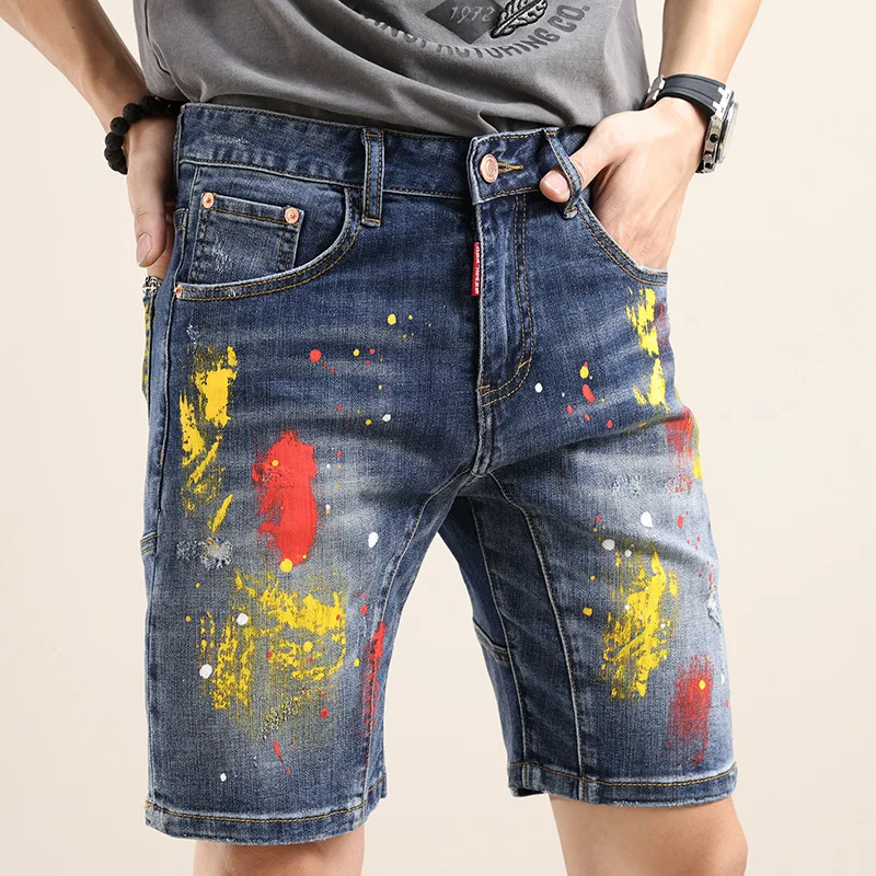 

High Street Style Men Splatted Paint Shorts Jeans New Summer Man Fashion Denim Shorts High Quality Male Holes Jeans Shorts 38