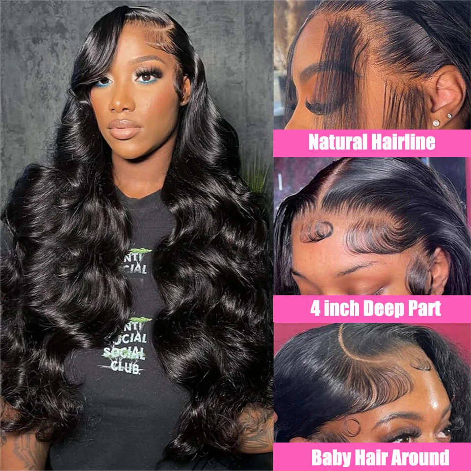 Body Wave Lace Front Wigs Human Hair Natural Color Preplucked 34 Inch 13x4 Body Wave Human Hair Lace Wigs For Women Density 180