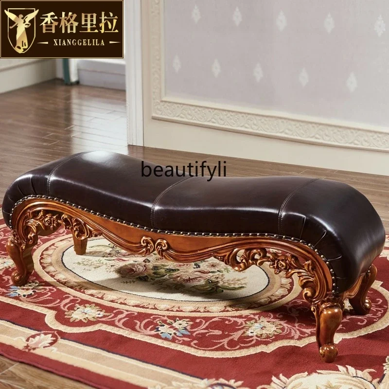 

A16 European first layer leather bedside stool full wood carving flower, bench American bedside stool