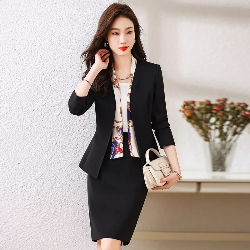 

Two Piece Sets Womens Outifits 2025 New Office Ladies Elegant V Neck Long Sleeve Loose Blazer Solid Slim Skirt Suits