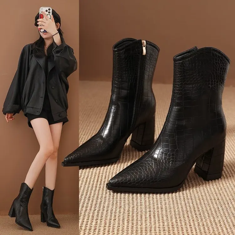 

Elegant Slimming Fashion Boots Women's Pointed Toe Short Boots Chunky Heel Mid-Calf High Heel Boots Korean Style Winte...