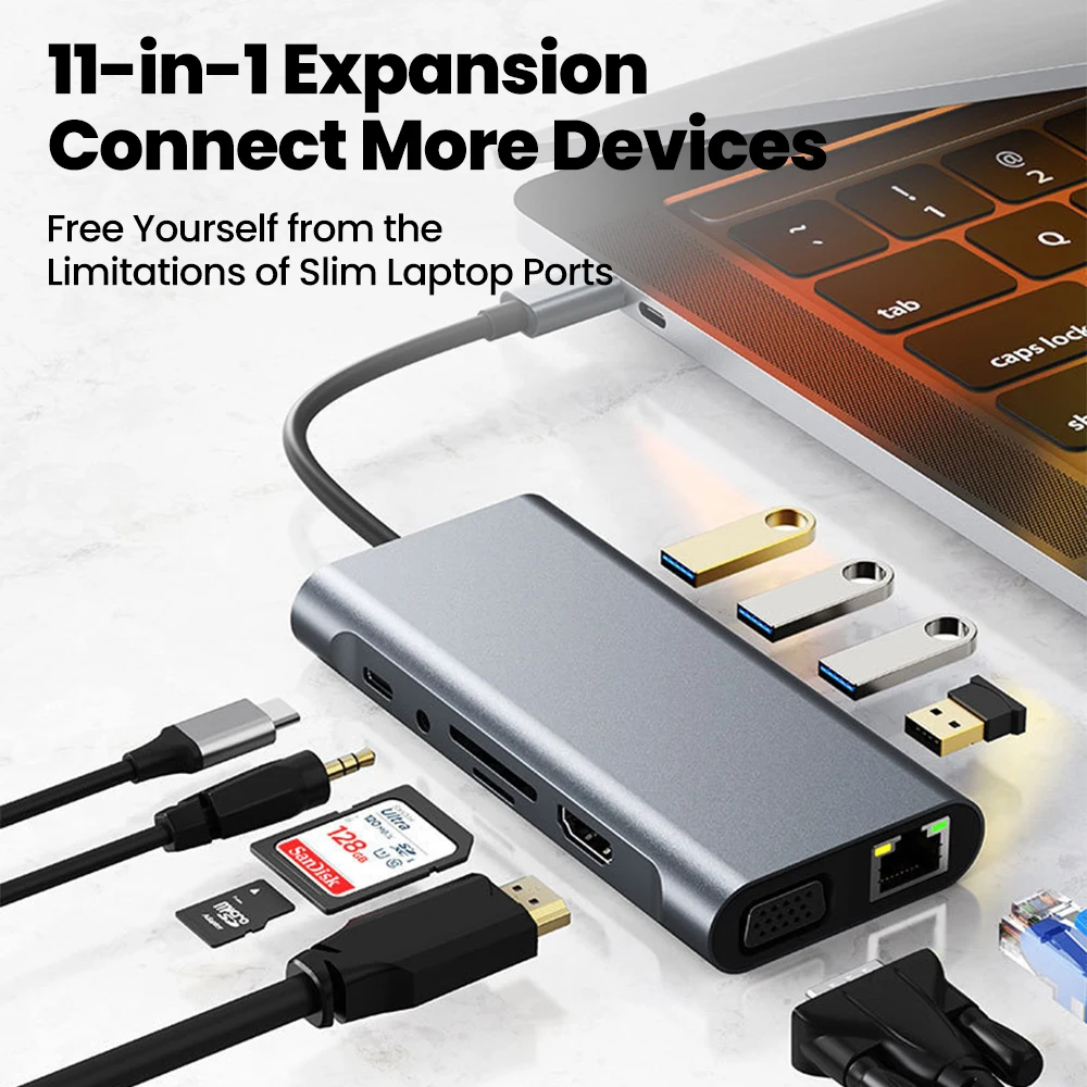 11 in 1 Type-C Docking Station PD100w Charging+SD/TF Card Reader+USB3.0+2USB2.0+3.5mm Headphones Jack Multi Functional Converter
