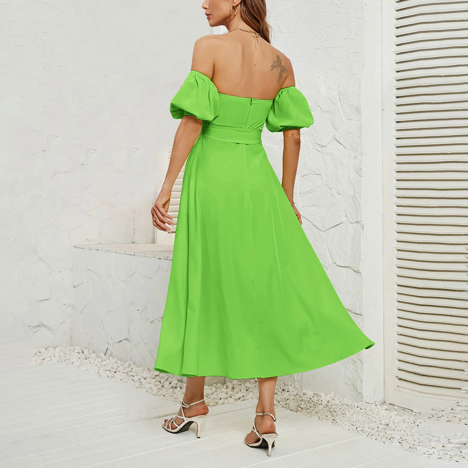 2024 Summer Women'S Fashion Temperament Elegant Sexy Solid Off Shoulder Mid Waist Pleated Lace Up Big Dress Hem Robe Vestidos