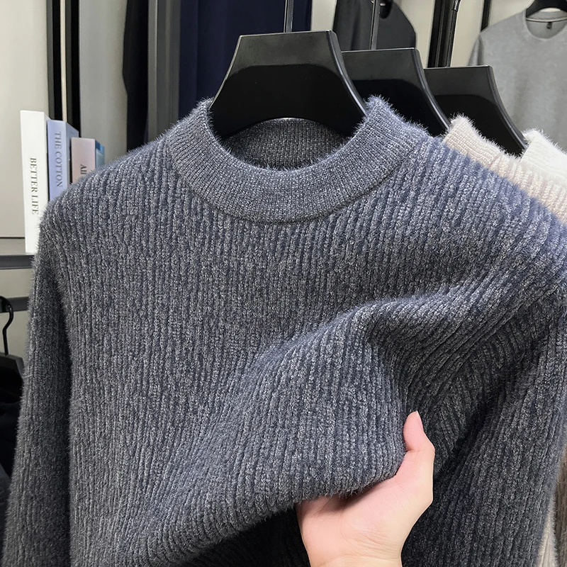 

Personality fashion knitted round neck sweater thickened warm pullover Korean style youth trend high-end temperament men's wear