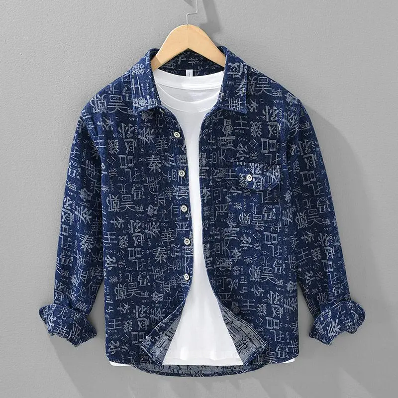 2025 New Shirt Men Autumn Retro Printed Work Clothes Long Sleeved Cardigan Casual Versatile Jacket