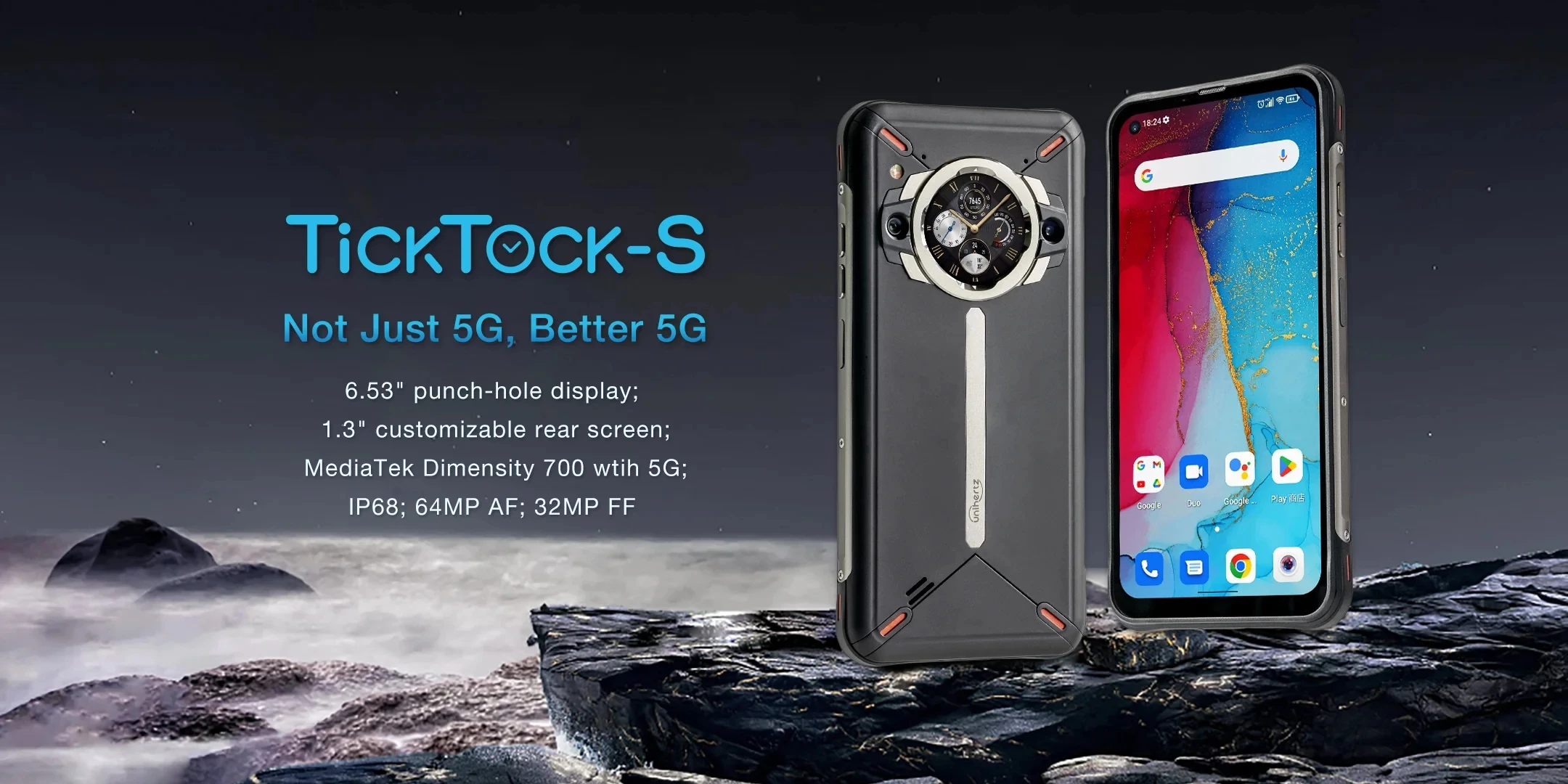 Unihertz Ticktock-S Slim Rugged 5G Smartphone 8GB 256GB Cell Phone 5200mAh Dual Screen Mobile Phone 64MP Camera Dimensity 700
