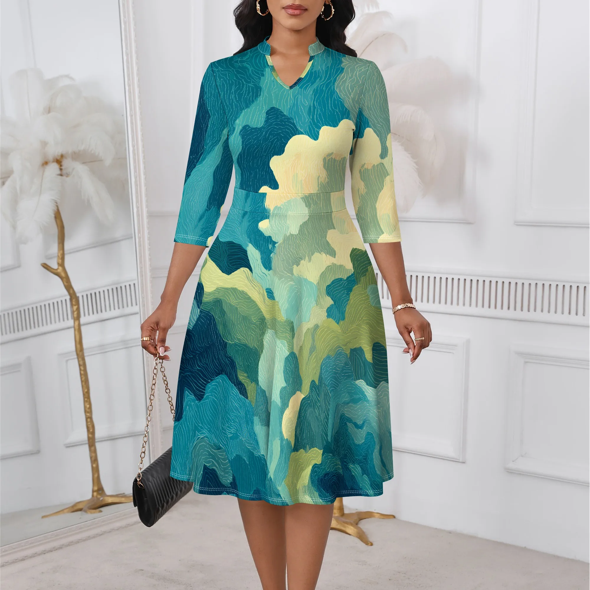 

Abstract Topographic Print Midi Dress XS-3XL V-Neck 3/4 Sleeve Fit & Flare Style for Art Gallery, Office Wear or Fall City Look