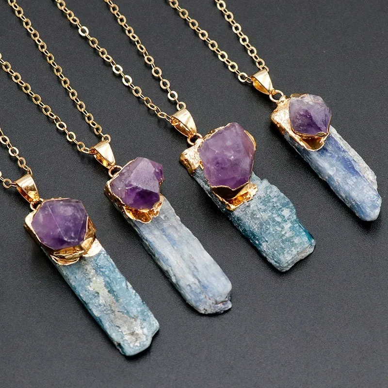 Natural bluestone pendant bluestone with amethyst necklace irregular bluestone blue crystal necklace Crystals and Healing Stones