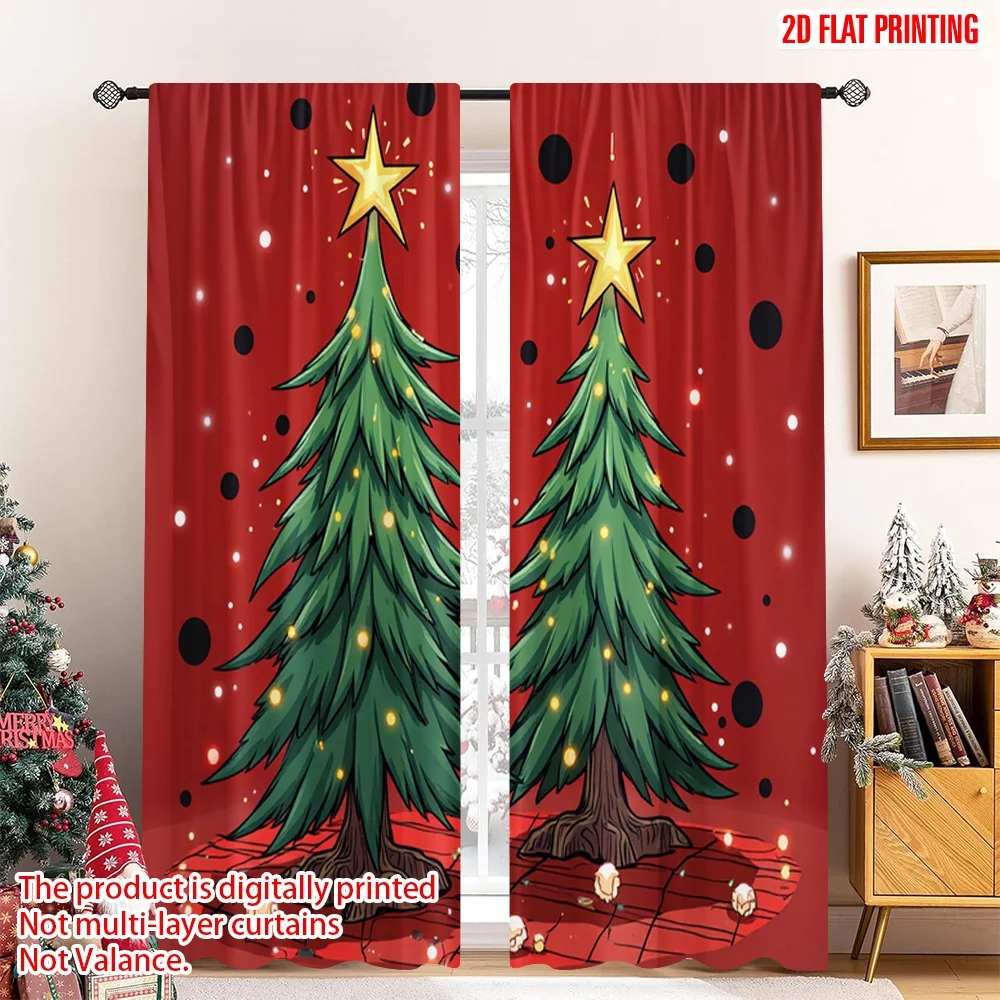 

2pcs 2D flat printing Christmas Curtain Christmas Trees Buffalo Plaid Polyester Without Electricity Family Party Perfect for