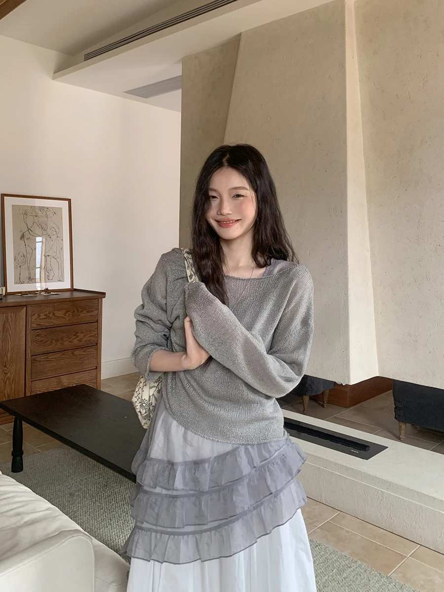 

Серый асимметричный вязаный топ без рукавов с рюшами, женский, в корейском стиле, свободного кроя, мягкий, повседневный трикотаж