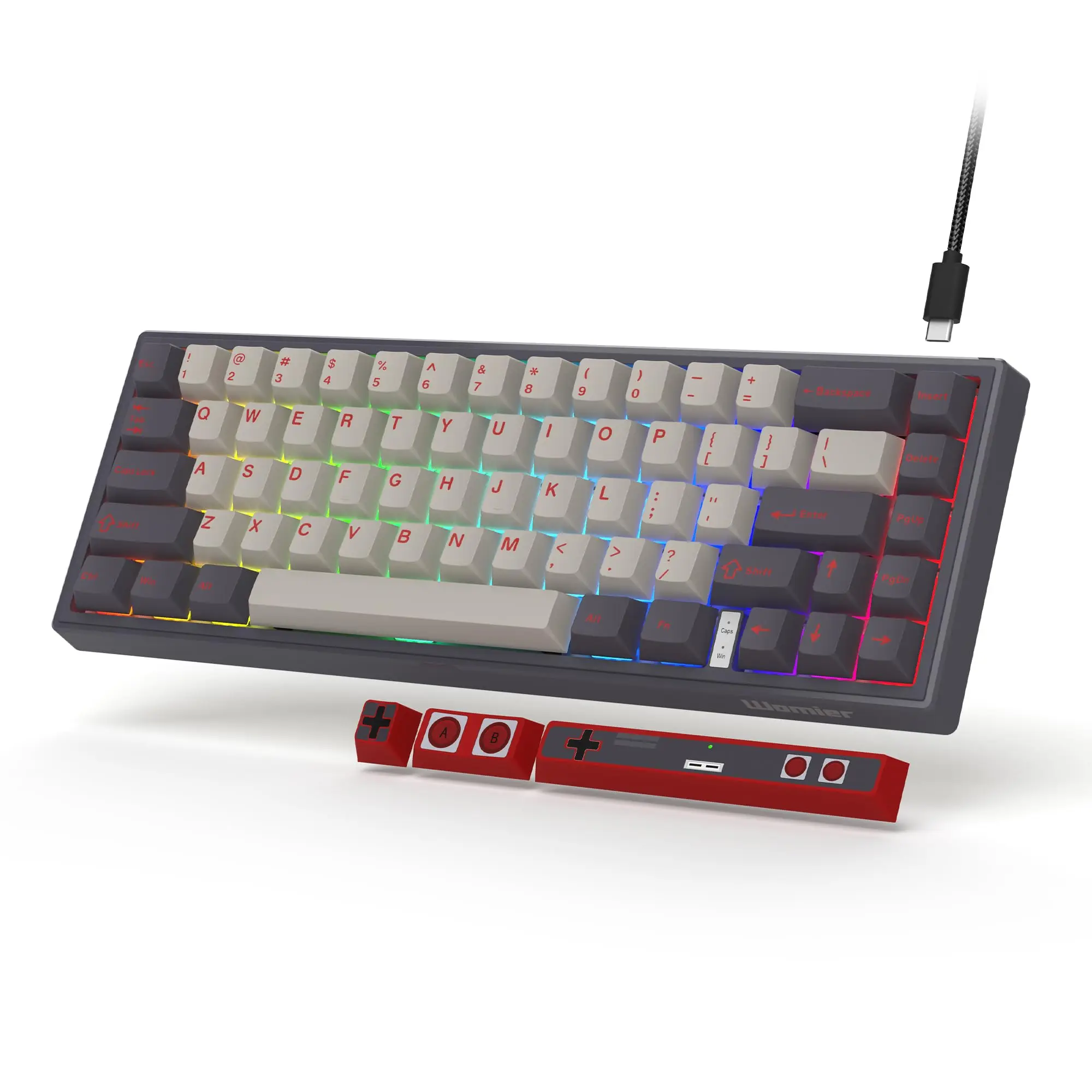 Womir V-K66 Retro Grey Red 60% Percent Keyboard Mechanical Gaming Keyboard Gasket Mounted LED Backlit Keyboard with Arrow Keys