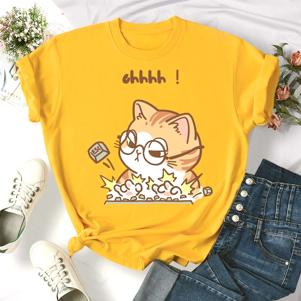 Camiseta mit Estampado de Ucus Animados für DamenTop Ucado und Suave mit Cuello Redondo Ropa informelles Crazy Cat Typing