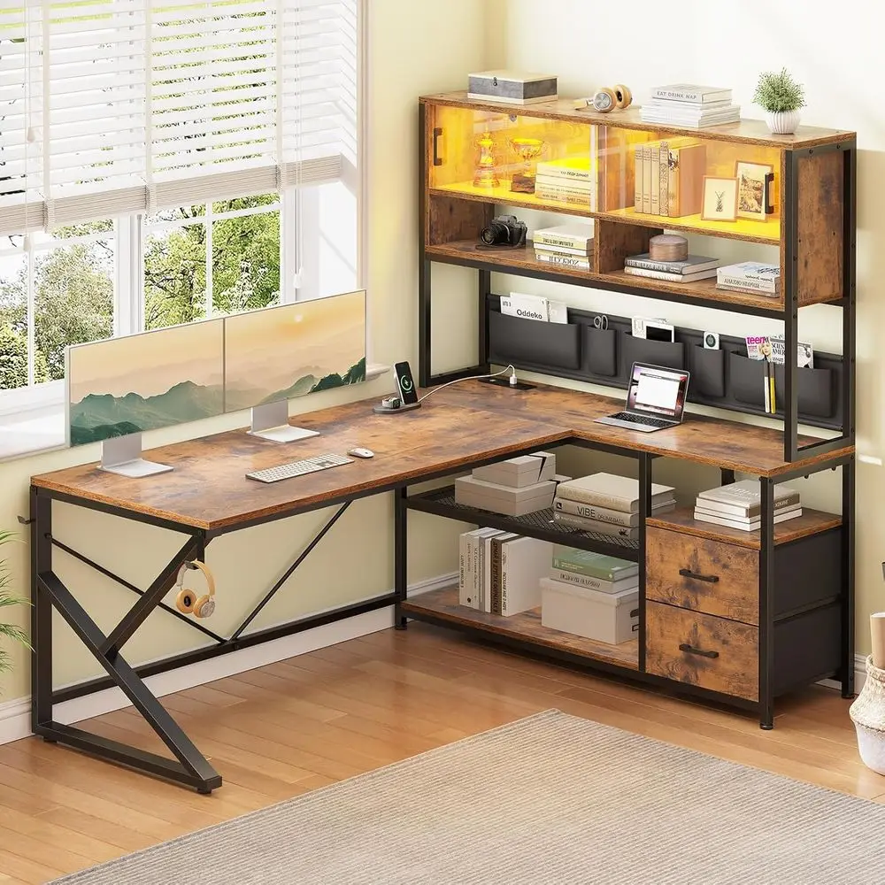 

Rustic Brown L-Shaped Desk with 2 Drawers, Bookshelf, LED Gaming, Glass Cabinet & Storage