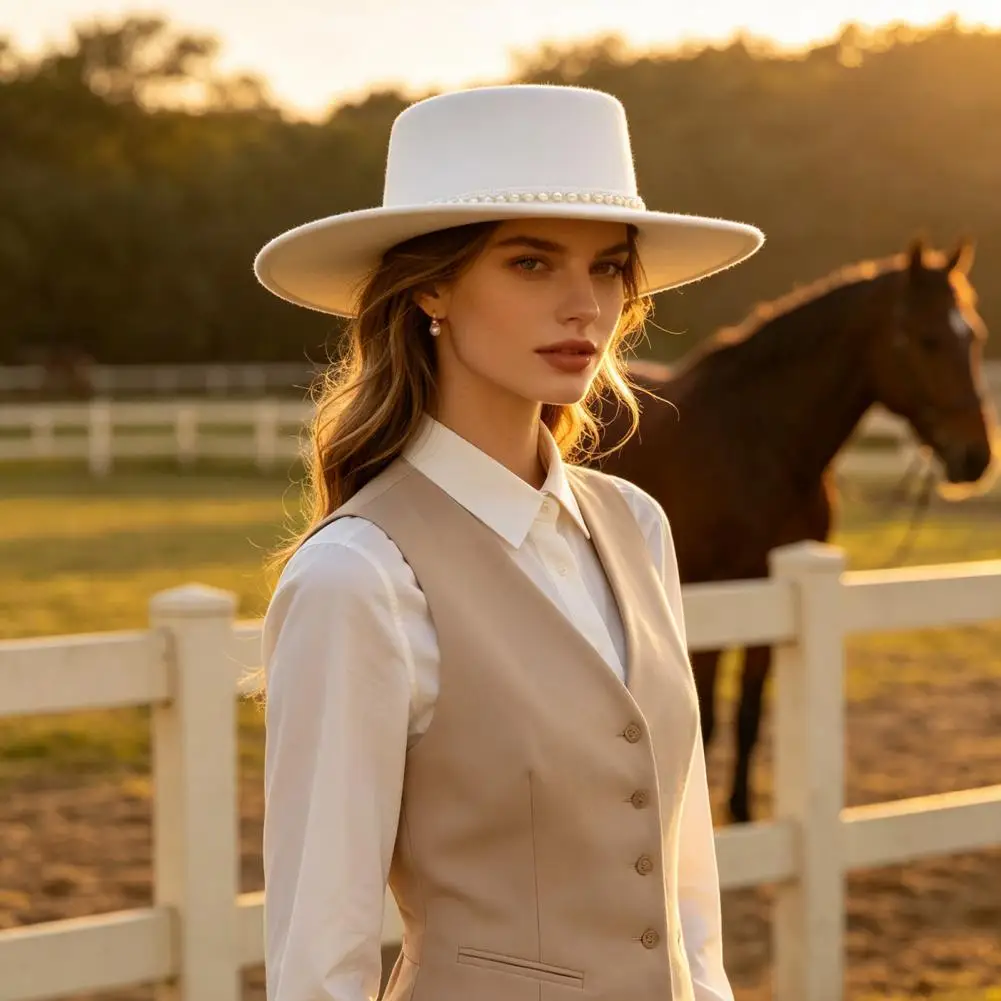 Vintage Photoshoot Prop Wide Brim Wool Felt Hat for Women Vintage Flat Top Fedora with Faux Pearl Trim Elegant Winter for Women