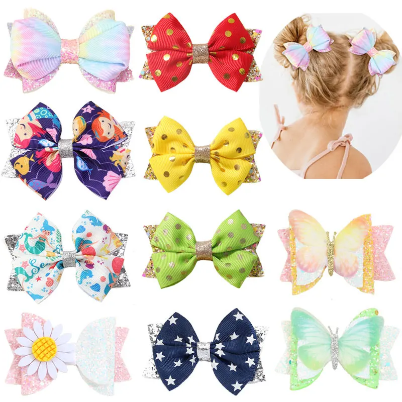 2Pcs Glitter Hair Bow Clips For Kids Ribbon Hairpin Barrettes Handmade Ice Cream Bowknot Hair Clips Girs Hair Accessories