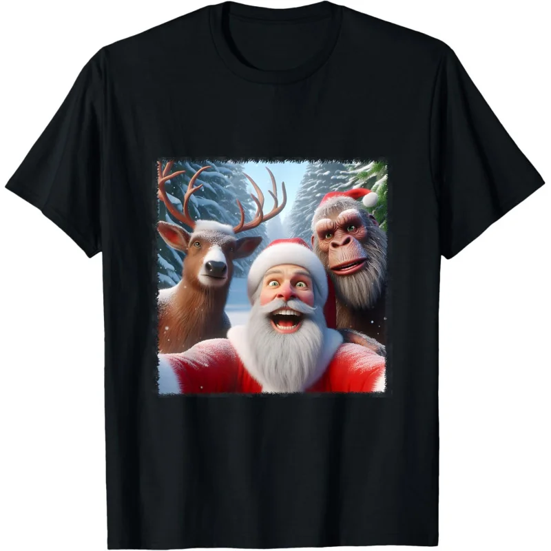 Christmas Simple Bigfoot Funny Cute Christmas Reindeer Selfie Pattern Short Sleeve T-shirt