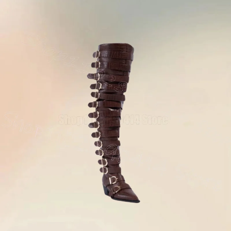 Braune Alligator-Druck-Stiefel mit spitzer Zehenpartie und seitlichem Reißverschluss, Damenschuhe, klobige High Heels, Party, Bankett, 2024, Zapatos Para Mujere