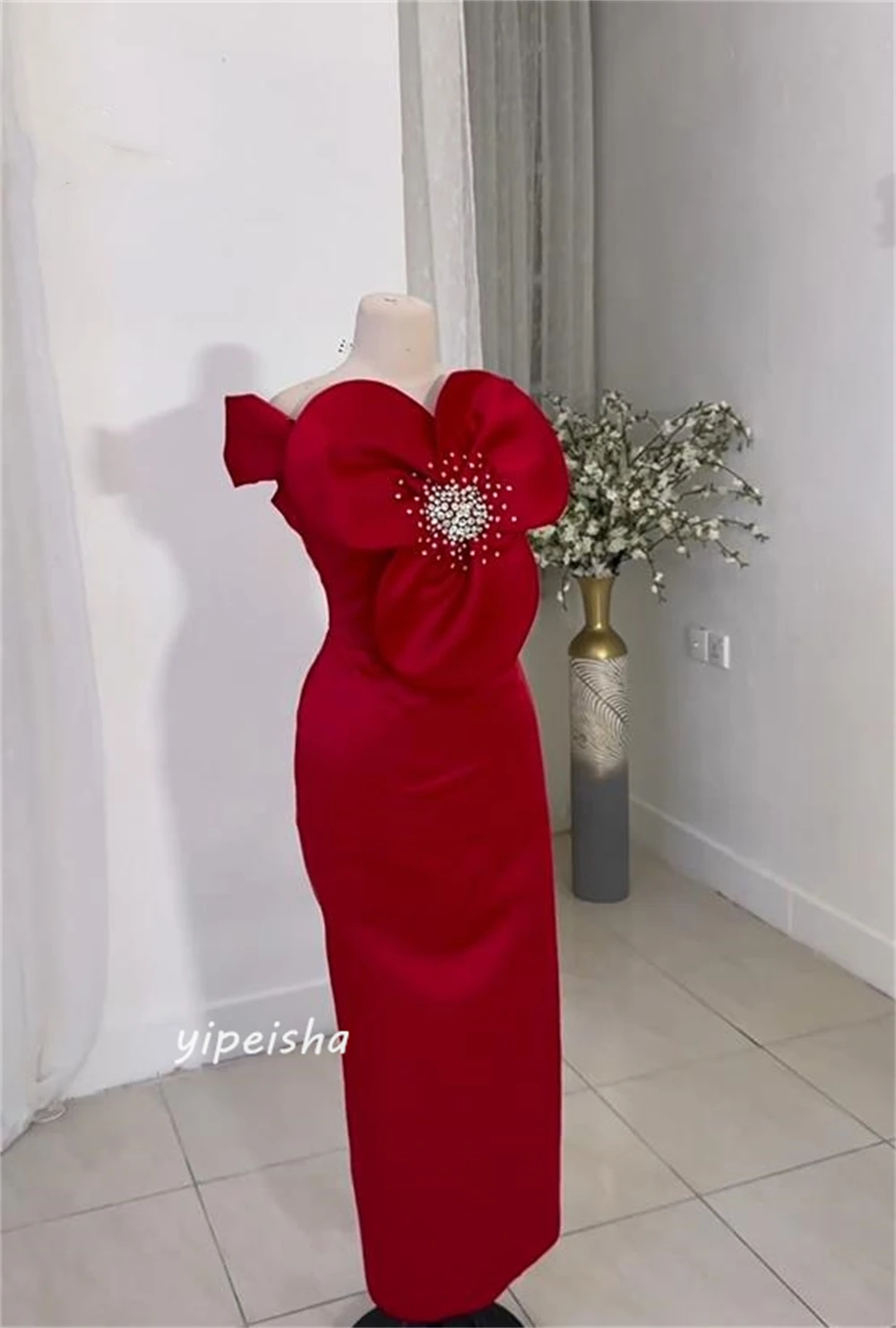 Prom Dress Saudi Arabia Modern Style Formal Evening Strapless Ankle-Length A-line Beading Flowers Satin Prom Dresses