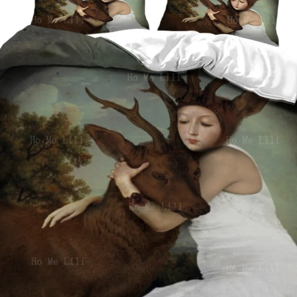 Holding An Elk And A Woman With Antlers And She's Wearing A White Dress Duvet By Ho Me Lili Bedding Set