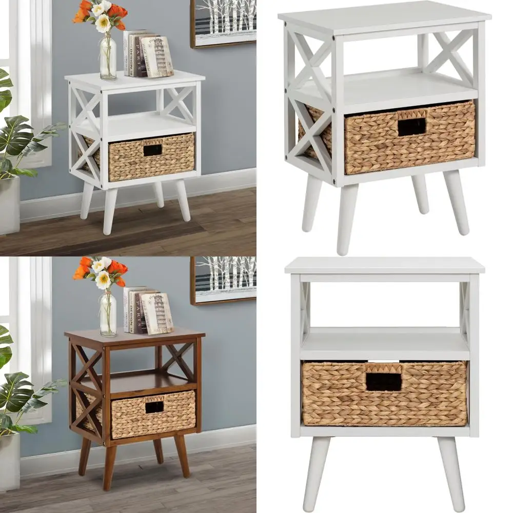 

Mid-Century Style Nightstand with Storage Shelf and Wicker Basket, White, Modern Side Table for Bedroom