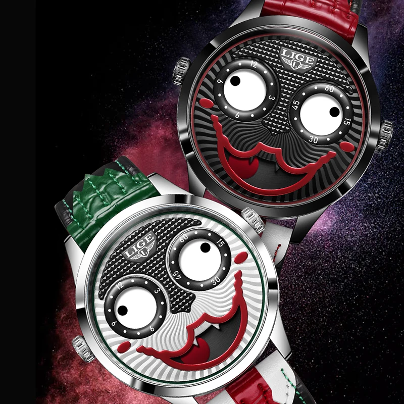 

Мужские часы LIGE 2026 с циферблатом в стиле клоуна, уникальные, необычные, модные, спортивные, водонепроницаемые, кварцевые, наручные часы для мужчин.