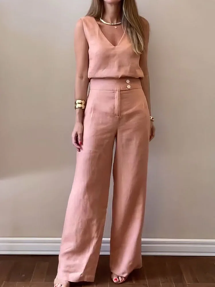 Deioao Office Lady V Neck Top Long Pants Set Women Summer Chic Elegant Pants Outfit 2024 Casual Pockets Trousers Two Piece Suit