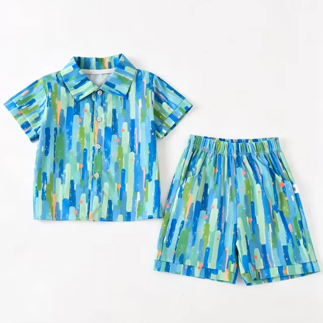 Baby Boy 2PCS Casual Outfit Watercolor Print Short Sleeve Button-Down Shirt & Shorts Set for Kids Daily Vacation Beach Wear
