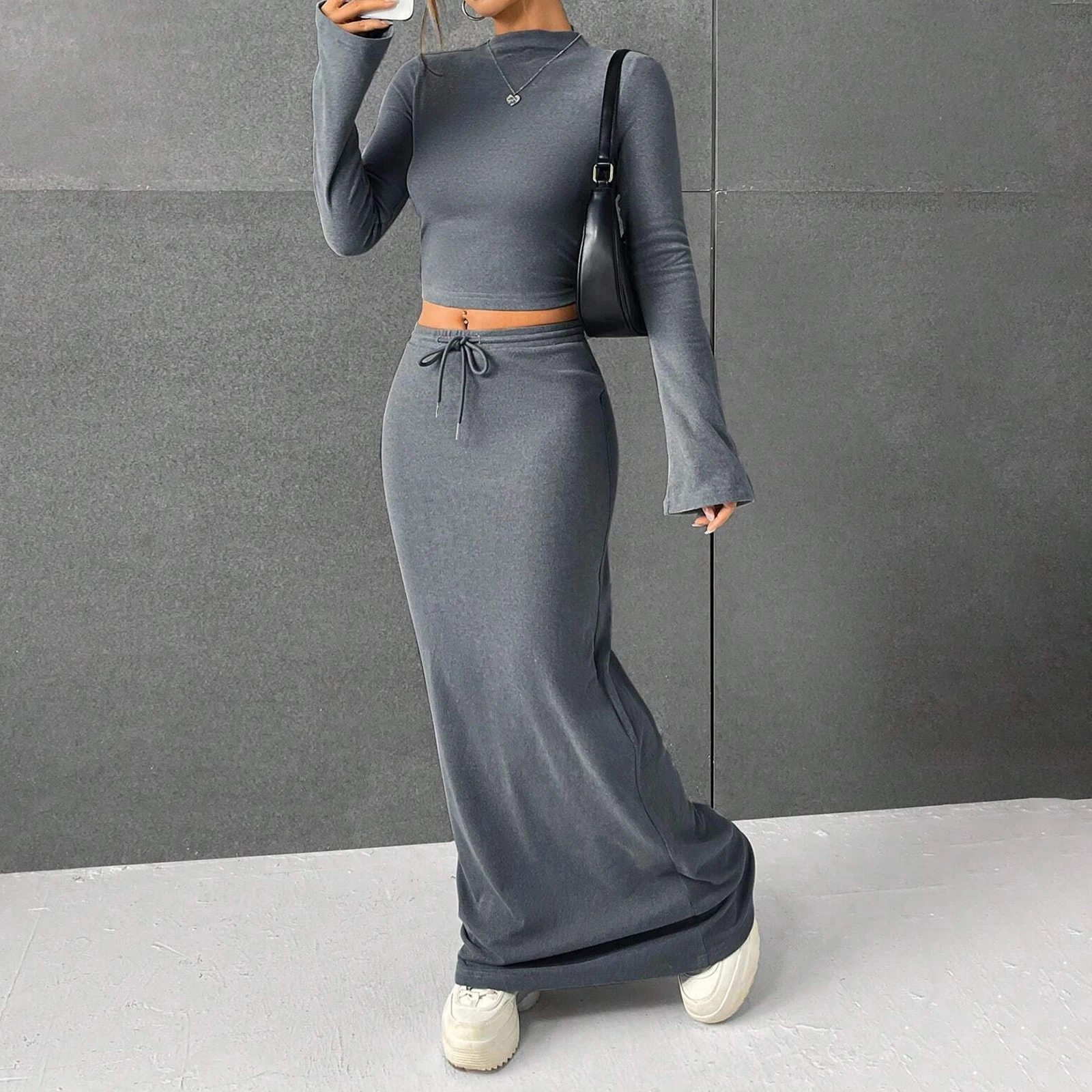 Women Y2K 2 Piece Co Ord Outfits Set Solid Color High Turtle Neckline Long Sleeve Tunic Tube Top High Waist Skinny Long Skirt