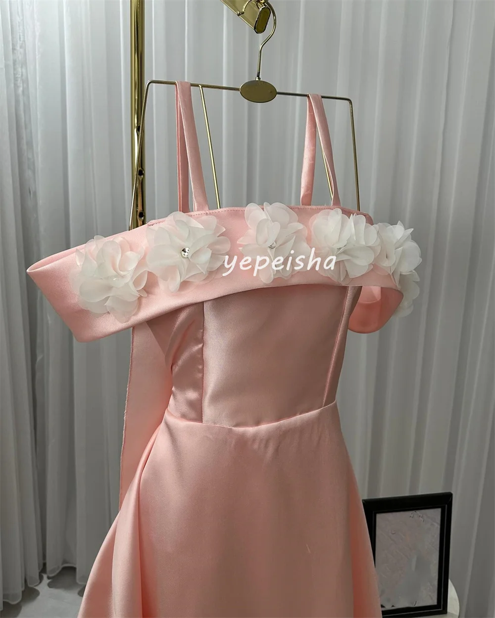 Customized Intricate Pleat Ruched Handmade Flower Rhinestone A-line Off-the-shoulder Midi Dresses Bespoke Occasion Dresses Retro