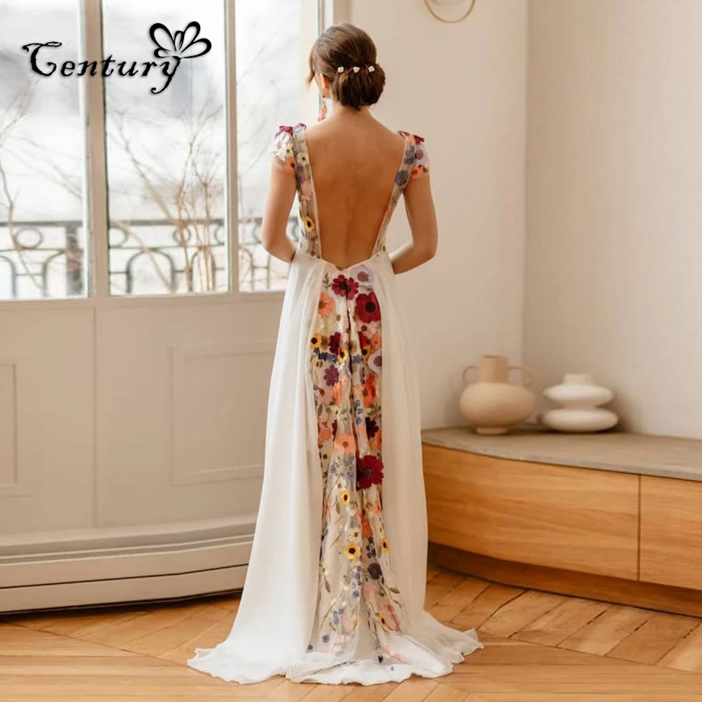 

Colorful Embroidered Floral Wedding Dress Women A Line V Neck Backless Chiffon Flowers Bridal Gowns Robe de Mariee Customized